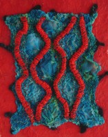Nuno-felt on silk chiffon, stitched on the back with machine tufting-foot and hand-seeding.