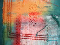 Gesso, acrylic mono-print, hand-stitch and couching, dyed with Procion.