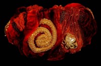 Fossil rock: dyed silk and velvet, metal threads, kid